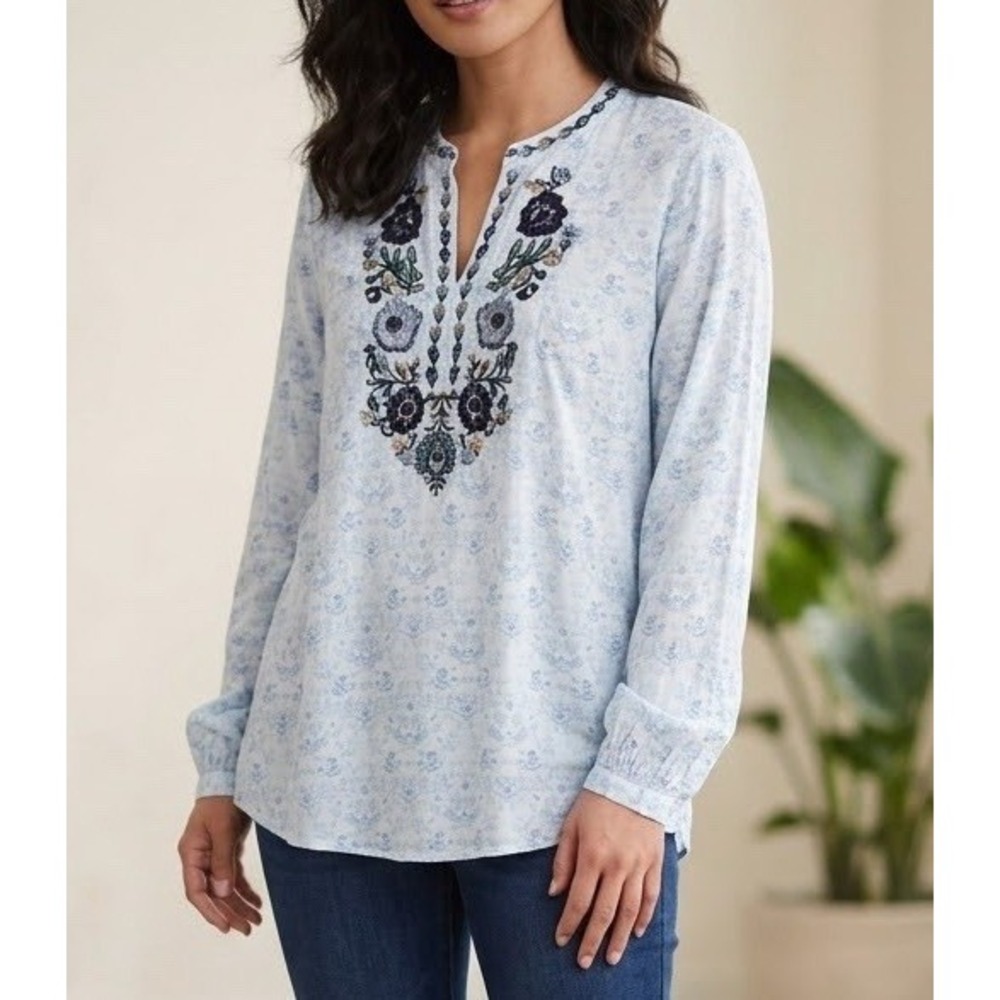 Tantrums Blue Embroidered Long Sleeve Top Airy Coastal Soft Boho Split Neck New